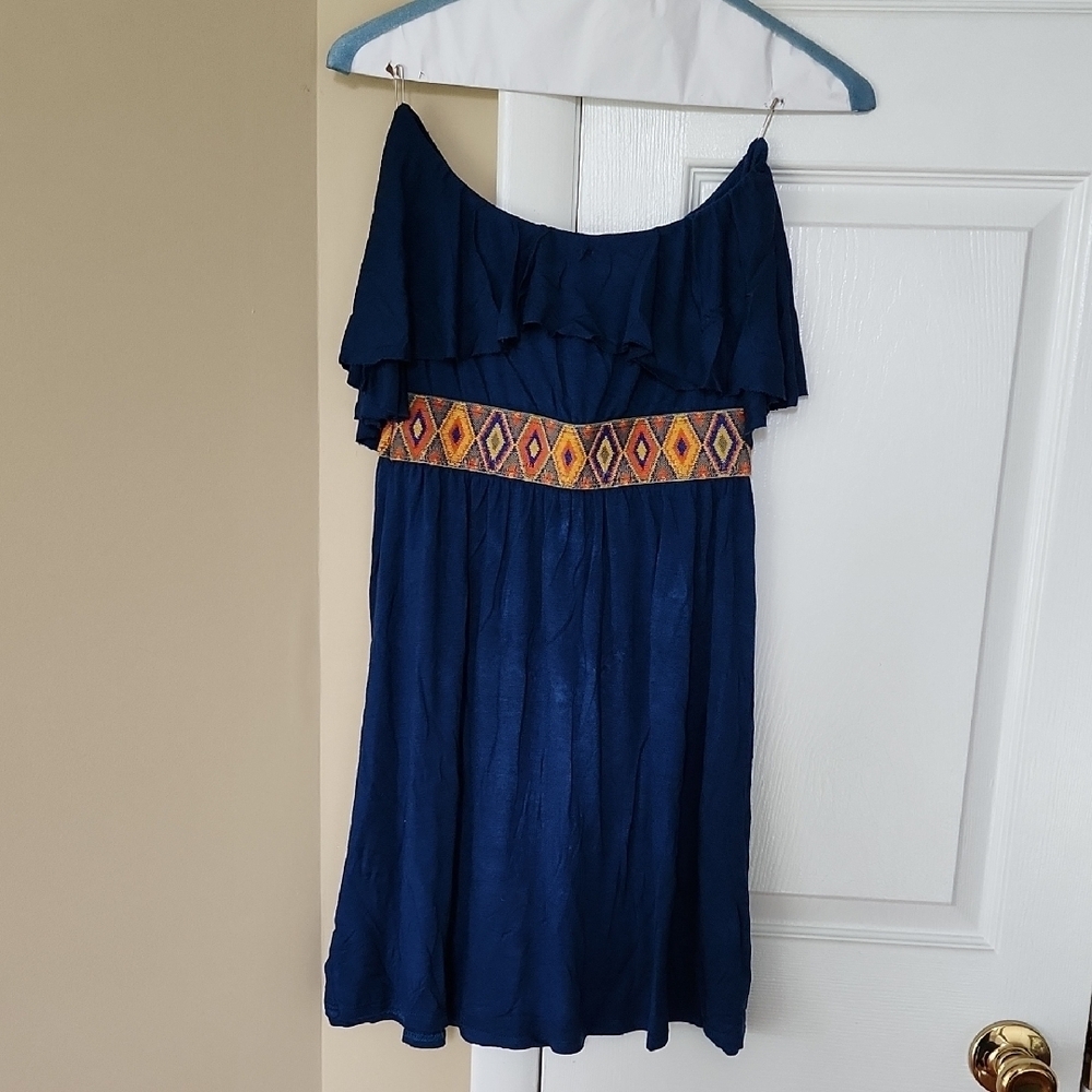 Tyche Blue and Brown Ruffled Off-the-Shoulder Sundress, Small